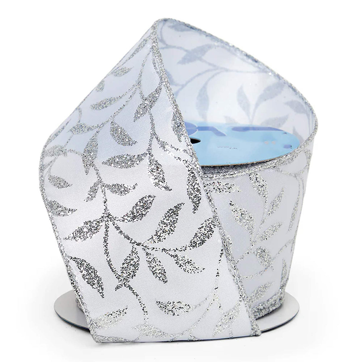 Sparkly Leaves On Wired Ribbon 2 1/2 '' X 10 yd Silver Color 1 / roll
