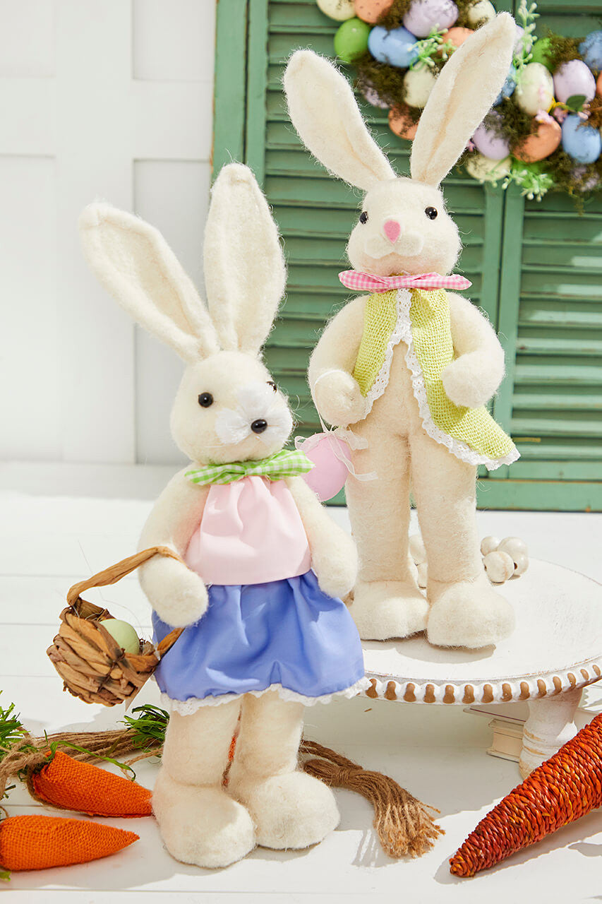 17" Felt Bunny with Egg Easter Spring Decorative Figurine Boy and Girl Bunny Set with Pastel Details and Basket Accent for Seasonal Home Decor