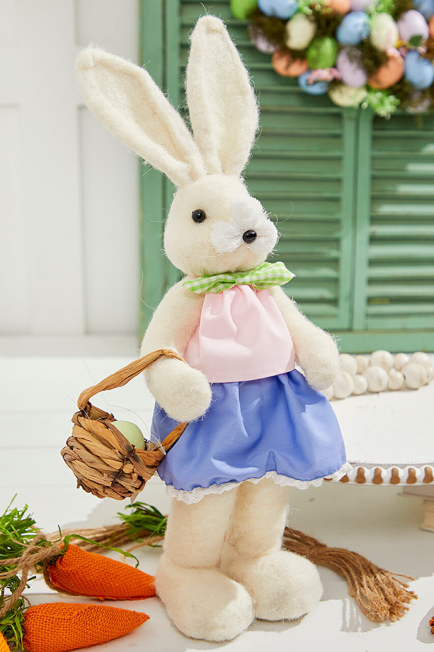 17" Felt Bunny with Egg Easter Spring Decorative Figurine Boy and Girl Bunny Set with Pastel Details and Basket Accent for Seasonal Home Decor
