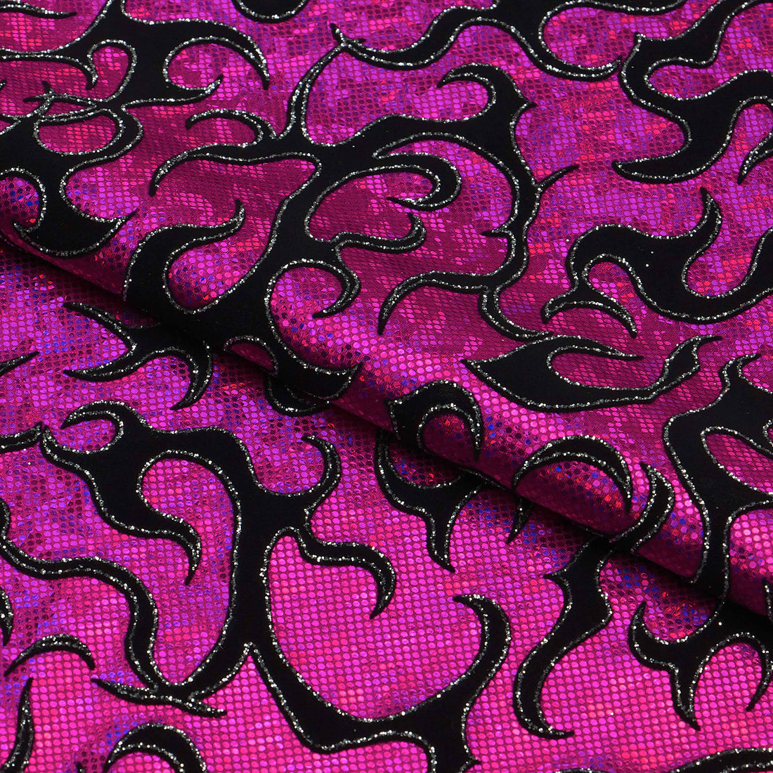 1 Yard Flame Flocked Hologram Spandex Fabric 4-Way Stretch, 56" Wide for Dance & Festival