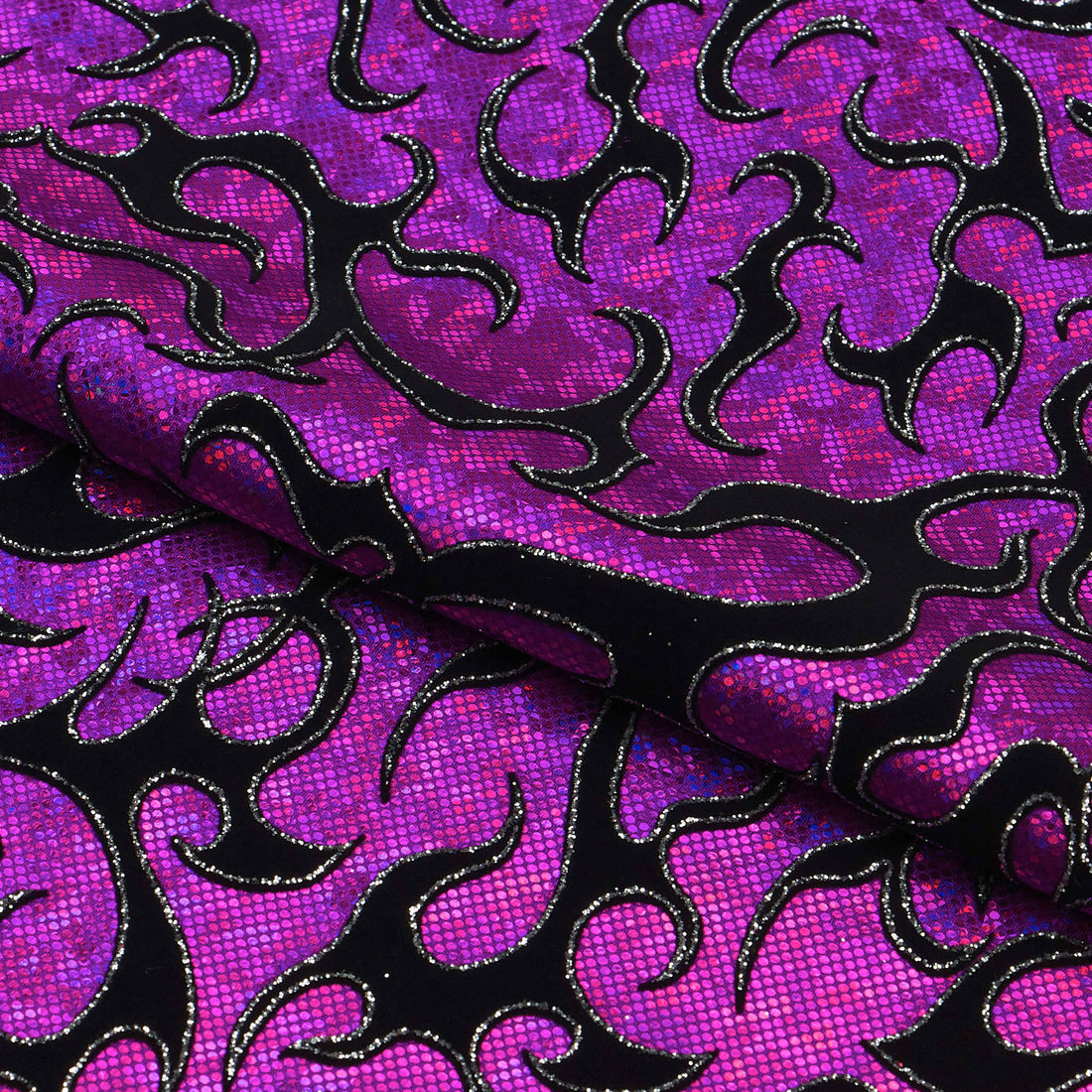 1 Yard Flame Flocked Hologram Spandex Fabric 4-Way Stretch, 56" Wide for Dance & Festival