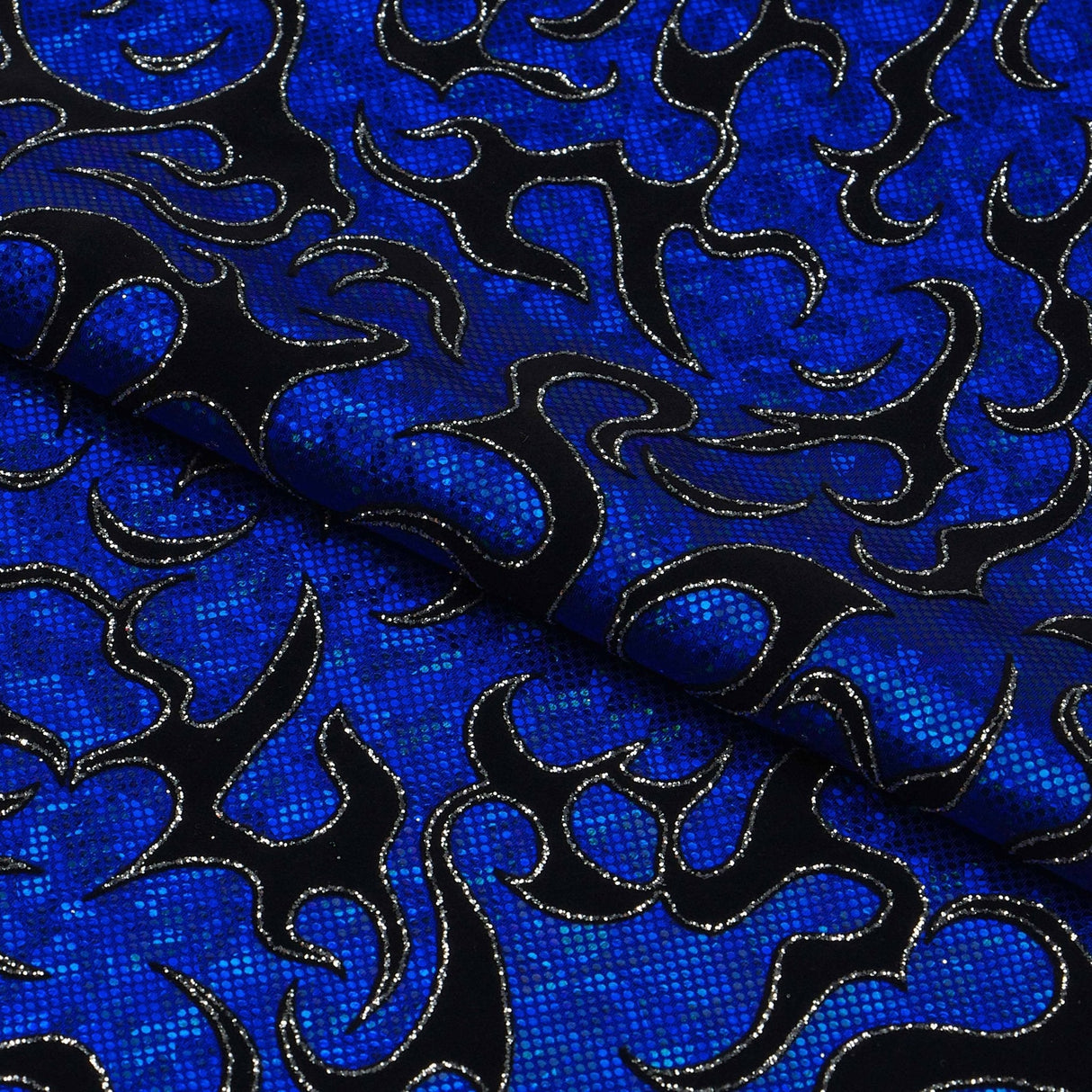 Flame Flocked Hologram Spandex Fabric - Royal Flame Pattern, 56/58" Width (1 Yard)