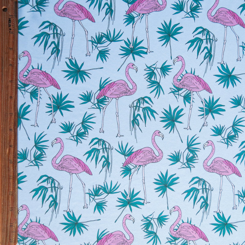 Stretch Woven Flamingos and Foliage on Blue
