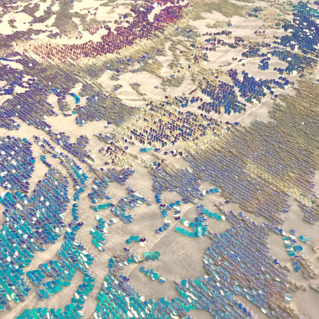 Flashback Stretch Velvet Flip Sequin Fabric - Black/Cool Iridescent, Black/Green Iridescent, Black/Purple Iridescent, White/Cool Iridescent, 58/60" Cut Width, 50" Usable Width (1 Yard)
