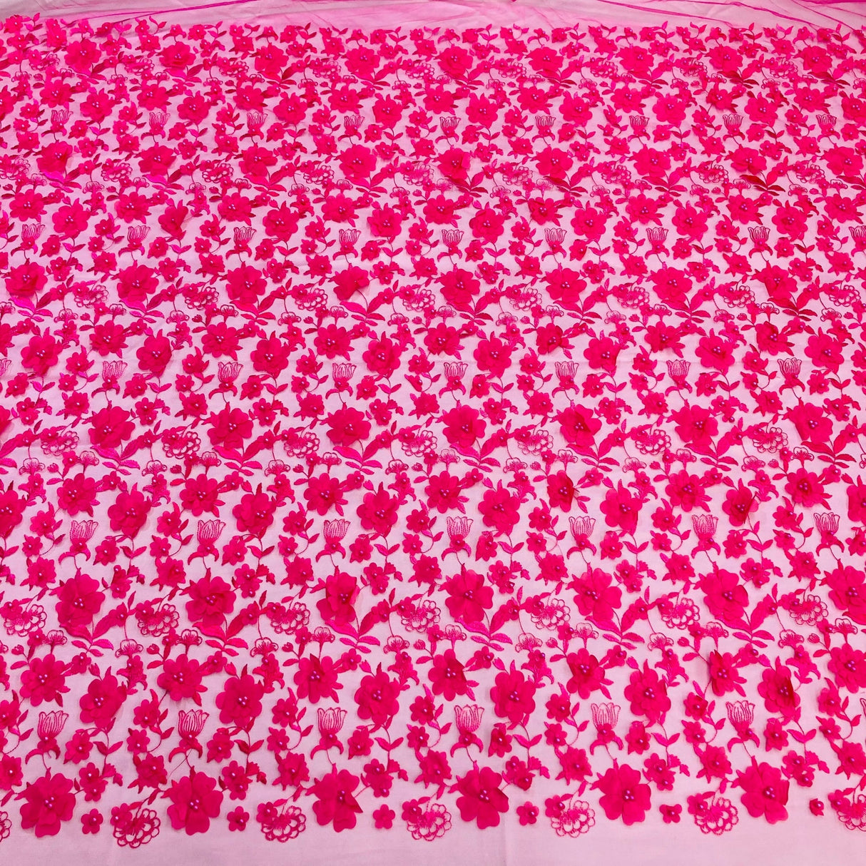 Beaded 3D Floral Lace Fabric - 100 Percent Polyester Lace Fabric, 3D Floral Embroidery, 49" Width, 9 Colors (1 Yard)
