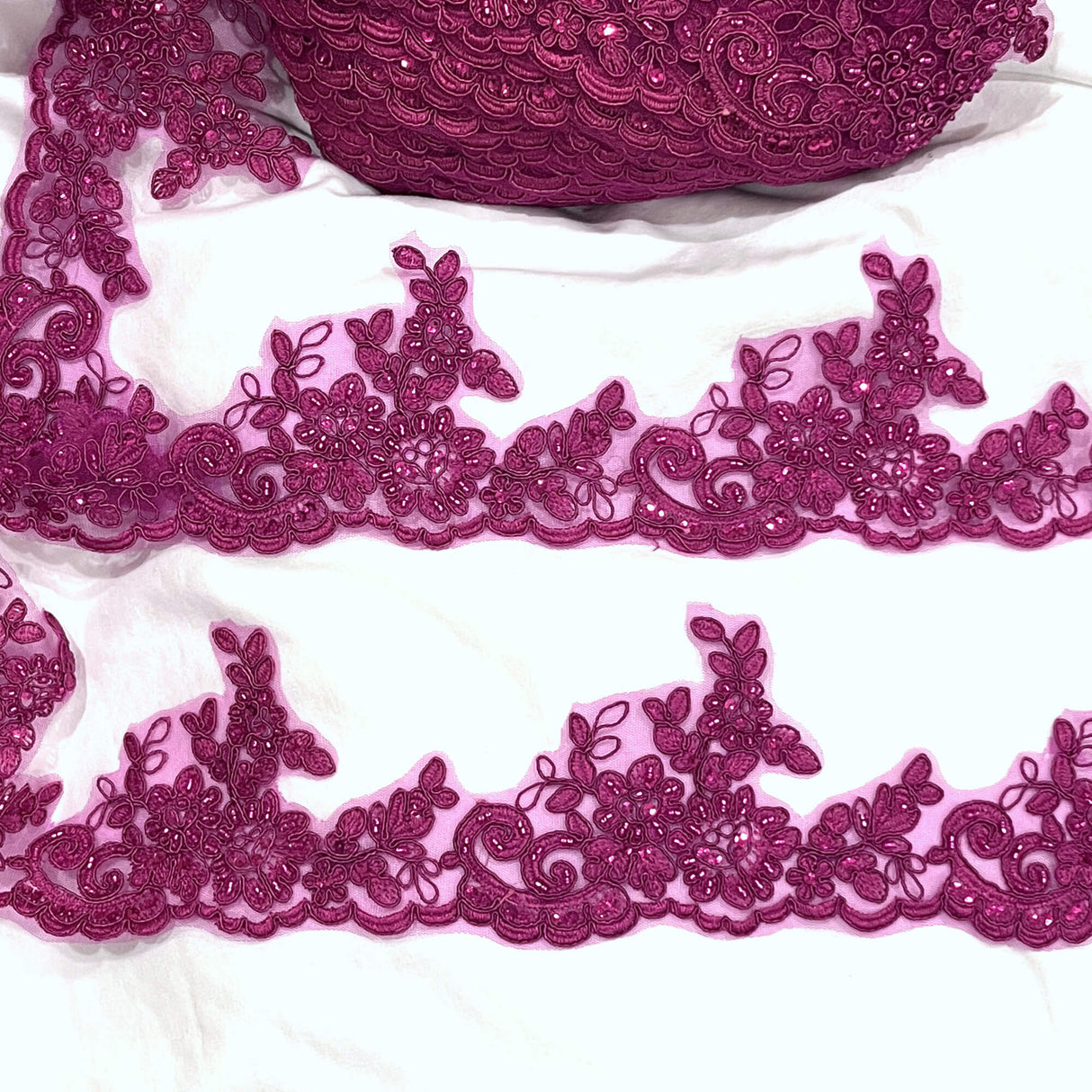 Beaded Corded Lace Trim on Polyester Net Mesh