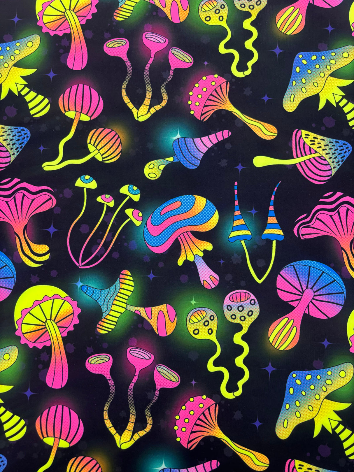 Black Trippy Mushroom Polyester Spandex Fabric - Black Mushroom Print, 58"/60" Width (1 Yard)