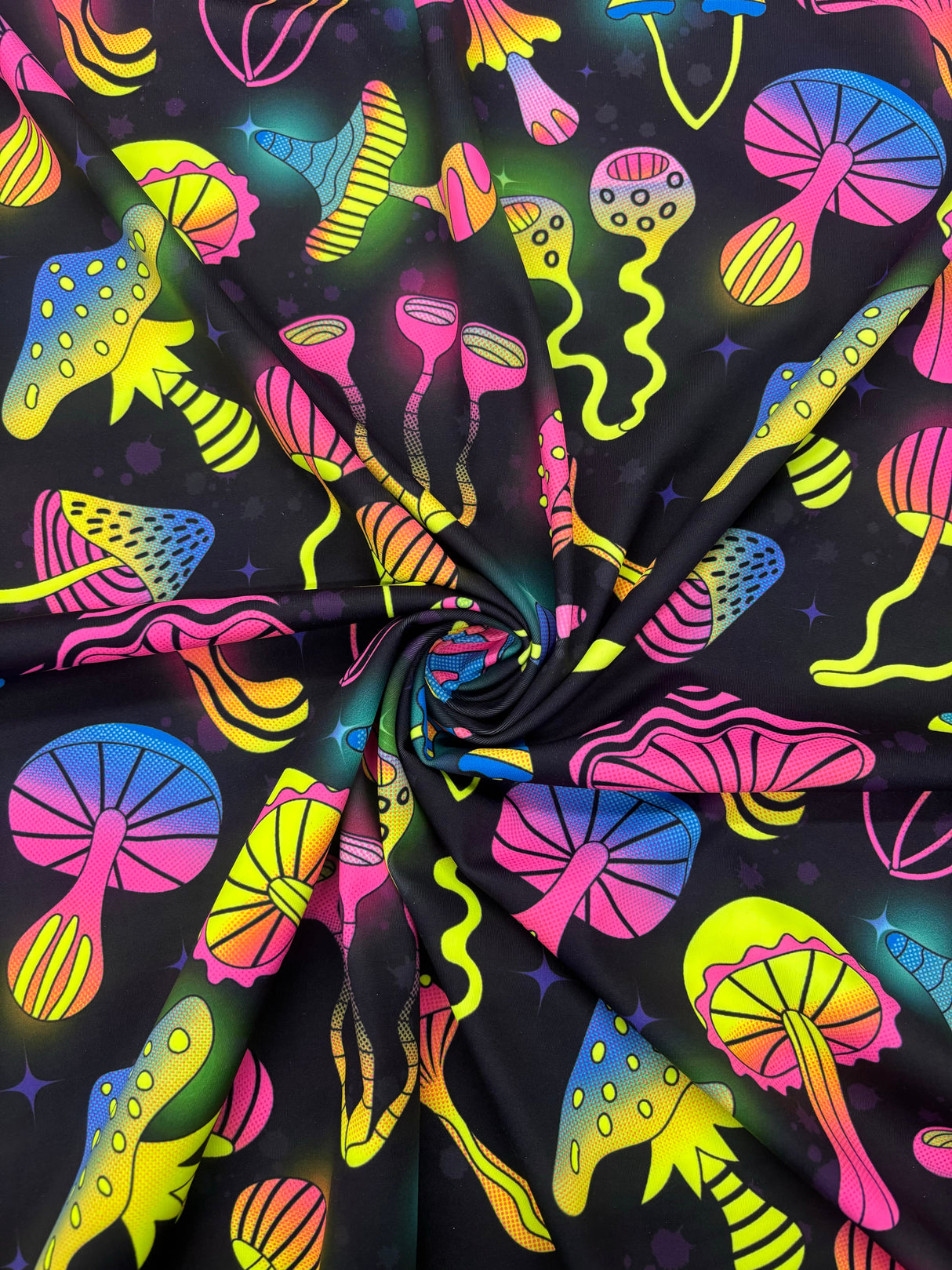Black Trippy Mushroom Polyester Spandex Fabric - Black Mushroom Print, 58"/60" Width (1 Yard)
