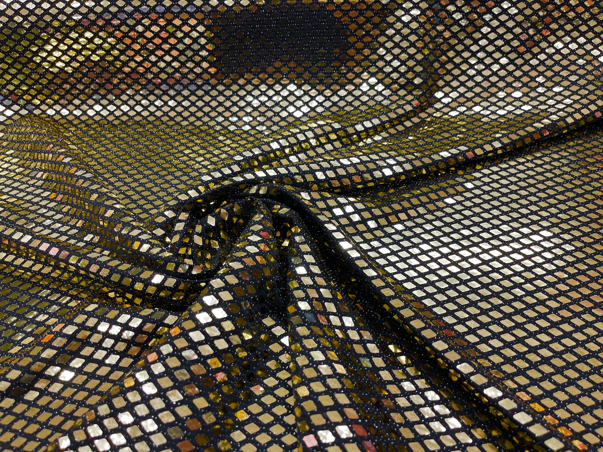 Gold Diamond Sequin Metallic Lurex Fabric - Black, Diamond Sequin Pattern, 58" Width (1 Yard)