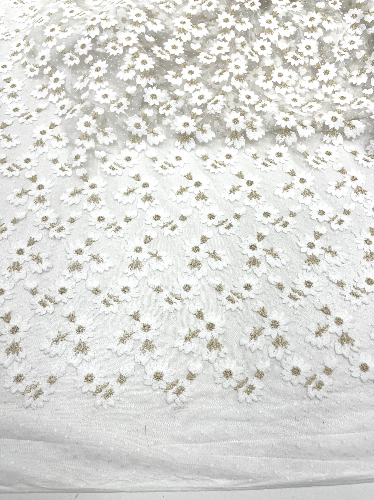 Ivory/Gold Metallic French Inspired Embroidered Lace Fabric - Floral Embroidery, Soft Off White Tulle Mesh, 54" Width (1 Yard)