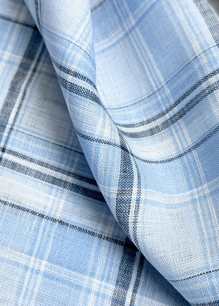 1 Yard Blue Pure Linen Large Plaid 3-Tone Yarn-Dyed Fabric Midweight 58 Inch Width