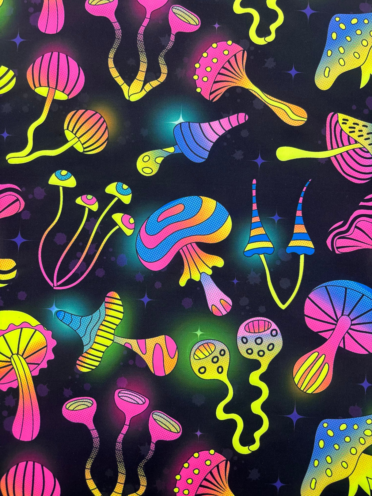 Black Trippy Mushroom Polyester Spandex Fabric - Black Mushroom Print, 58"/60" Width (1 Yard)