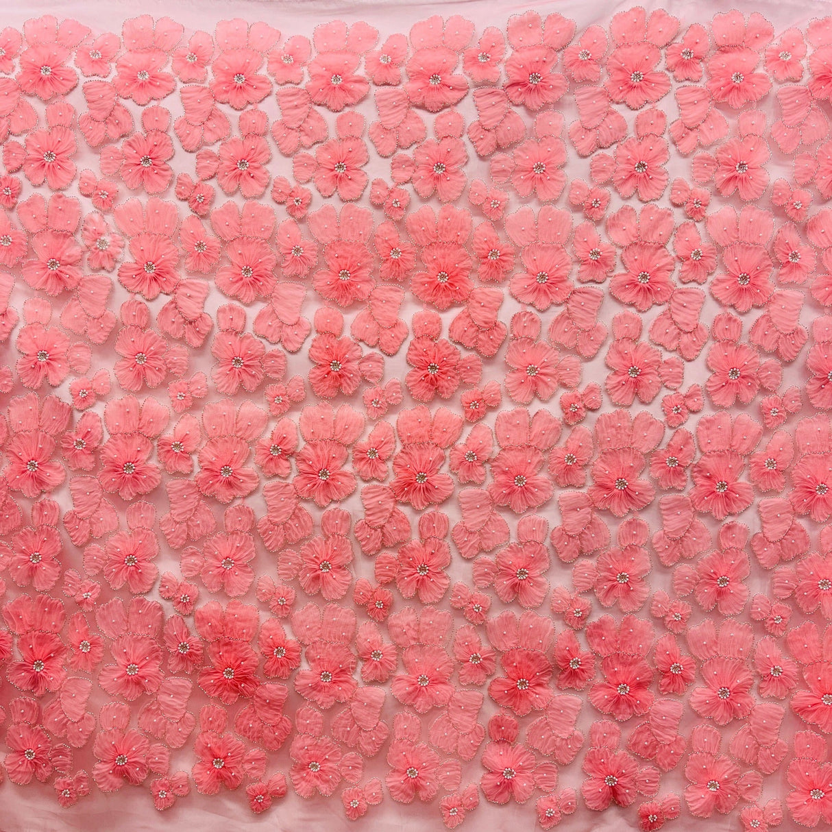 Beaded 3D Floral Lace Fabric - 3D Floral Embroidered Net Mesh, 52" Wide (1 Yard)