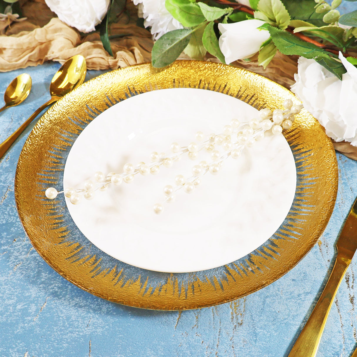 Glass Charger Plate 13" Clear Gold Foil Brushed Leaf Rim
