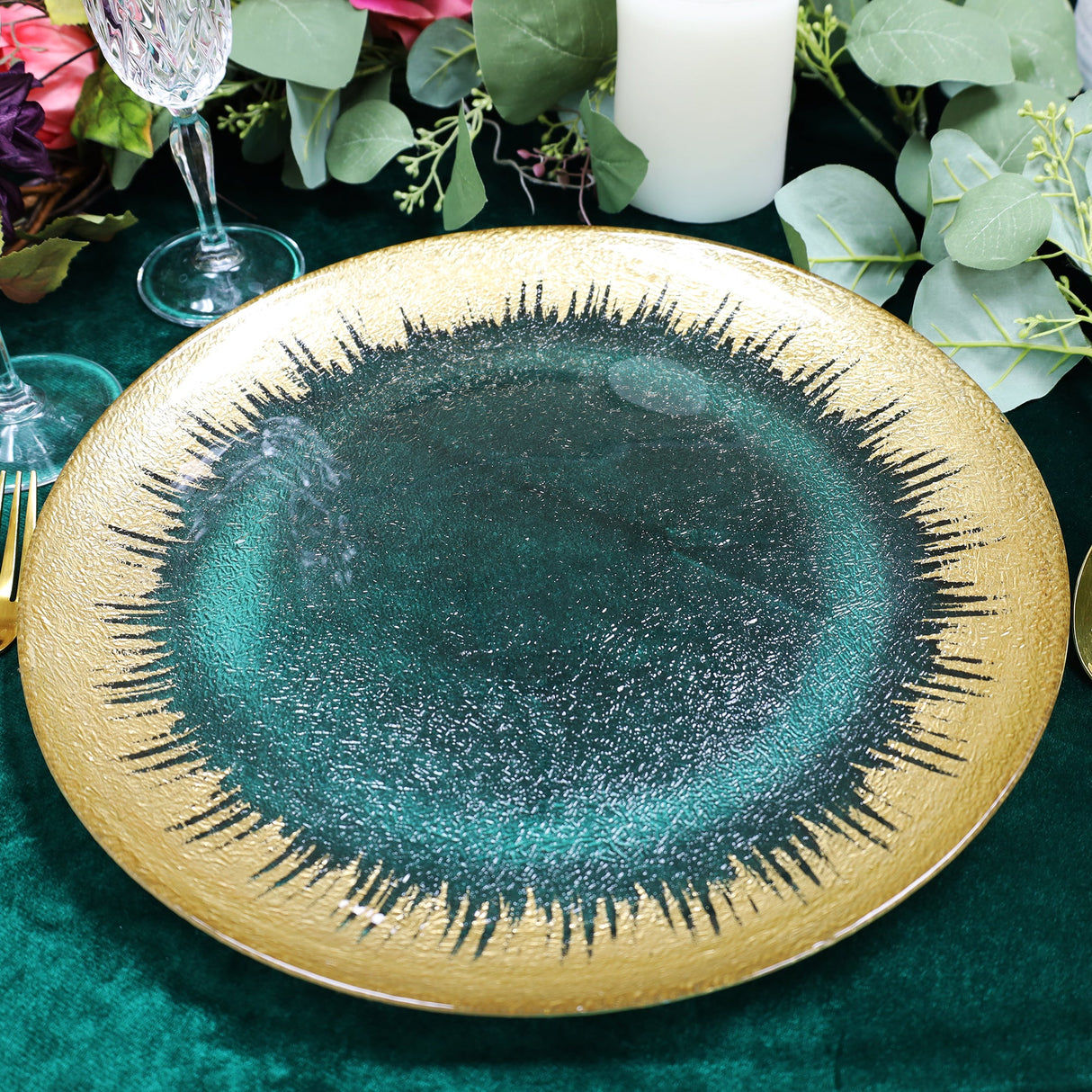 Glass Charger Plate 13" Clear Gold Foil Brushed Leaf Rim