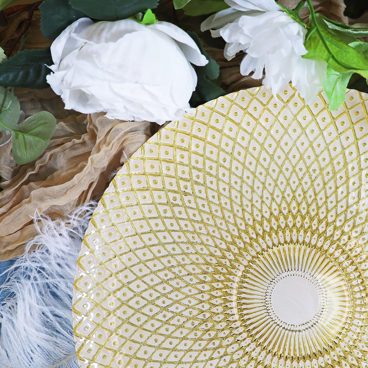 Glass Charger Plate 13" Gold Radiant Peacock Tail