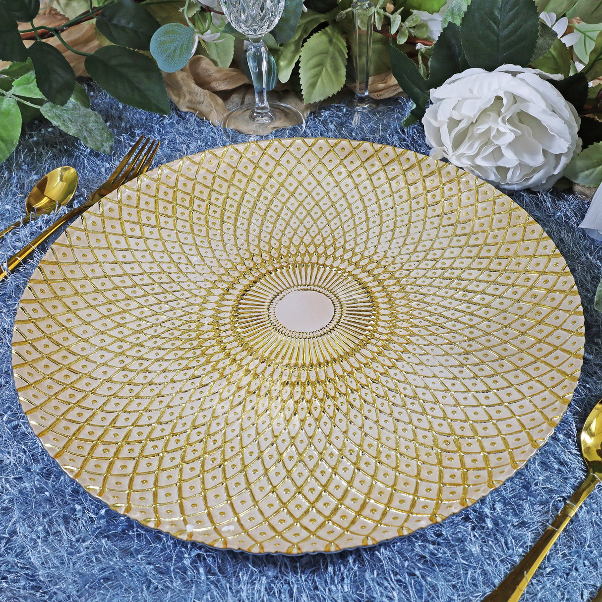 Glass Charger Plate 13" Gold Radiant Peacock Tail