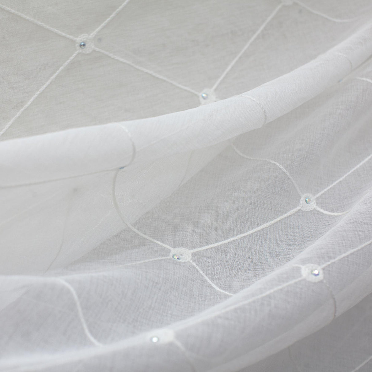 Gallery Fabric Embroidered Diamond Rhinestone Sheer Fabric - White, Cream, Diamond Embroidery, 110" Width (1 Yard)