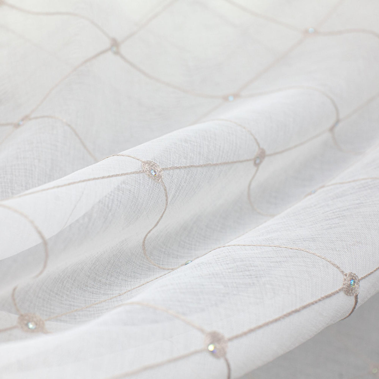 Gallery Fabric Embroidered Diamond Rhinestone Sheer Fabric - White, Cream, Diamond Embroidery, 110" Width (1 Yard)
