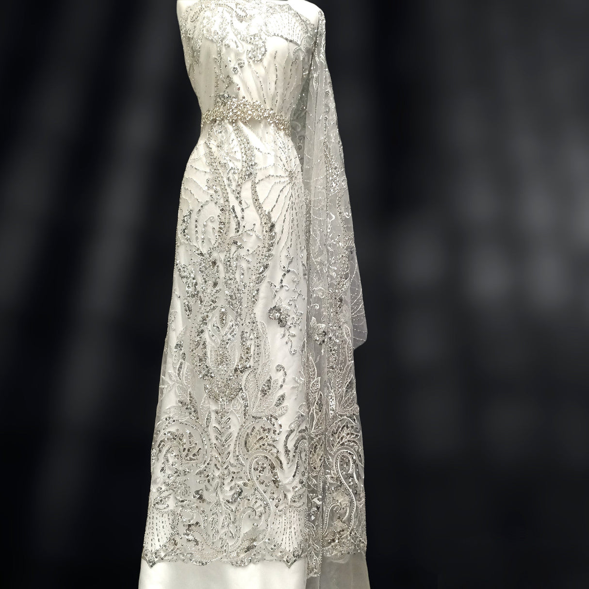Beaded Lace Fabric on Polyester Net Mesh