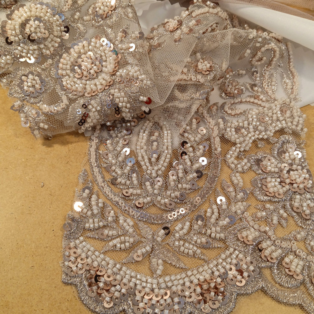 Beaded Lace Fabric Champagne Mesh