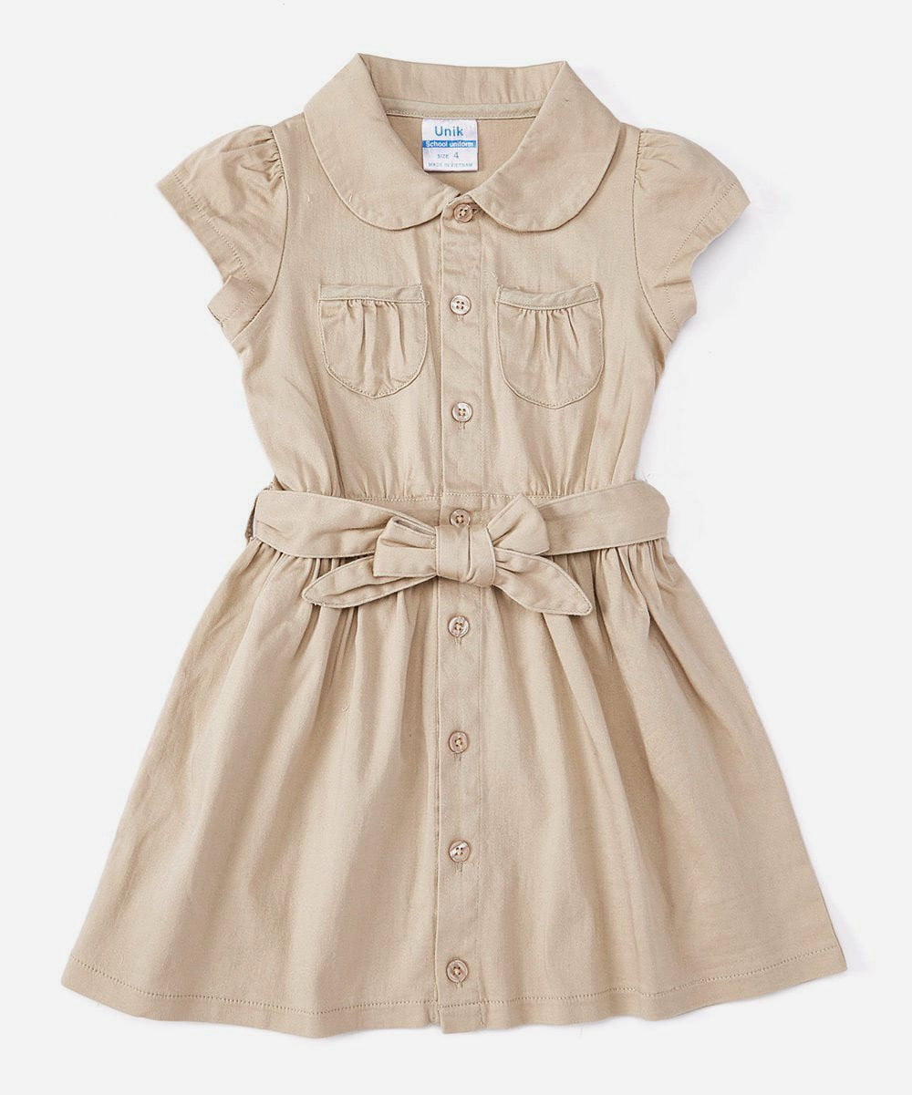 Girl Safari Uniform Dress - Girls Uniform Fabric, Khaki/Navy, Button Closure, Removable Belt, Sizes 4-12