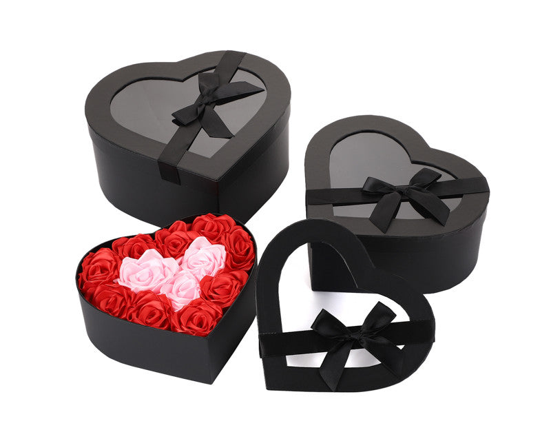 Black Heart Shaped Nested Floral Cardboard Boxes with Plastic Window- Set of 3