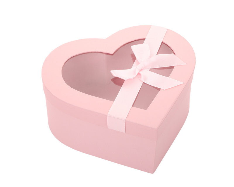 Pink Heart Shaped Nested Floral Cardboard Boxes with Plastic Window- Set of 3