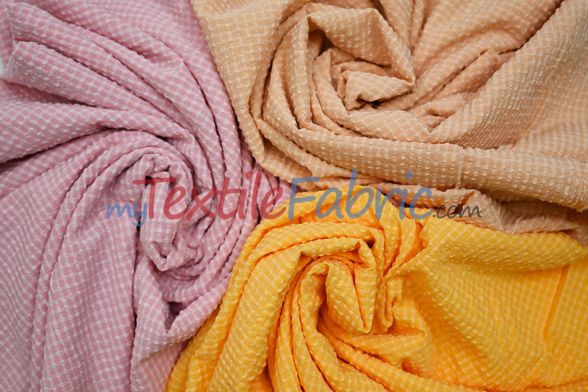 Gingham Seersucker 100 Percent Polyester Fabric - Yellow, Apricot, Pink Gingham Pattern, 57/59" Width (1 Yard)