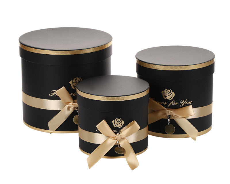 Black Round Nested Floral Cardboard Boxes with Bow - Set of 3