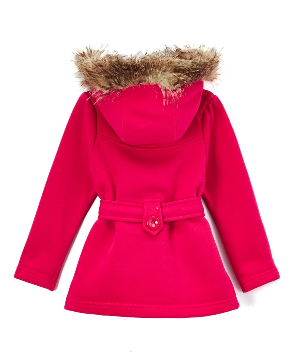 Girl Fleece Coat With Hood 100 Percent Polyester Fabric - Fur Hood, Detachable Belt, Black, Rose, Honey, Grey, Navy, Burgundy, Red, Fushia, Sizes 2-XL (1 Piece)