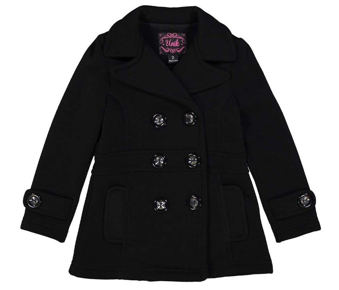 Girl's Black Fleece Coat With Buttons Fleece Fabric - Black, Double Breasted, Side Pockets (1 Piece)