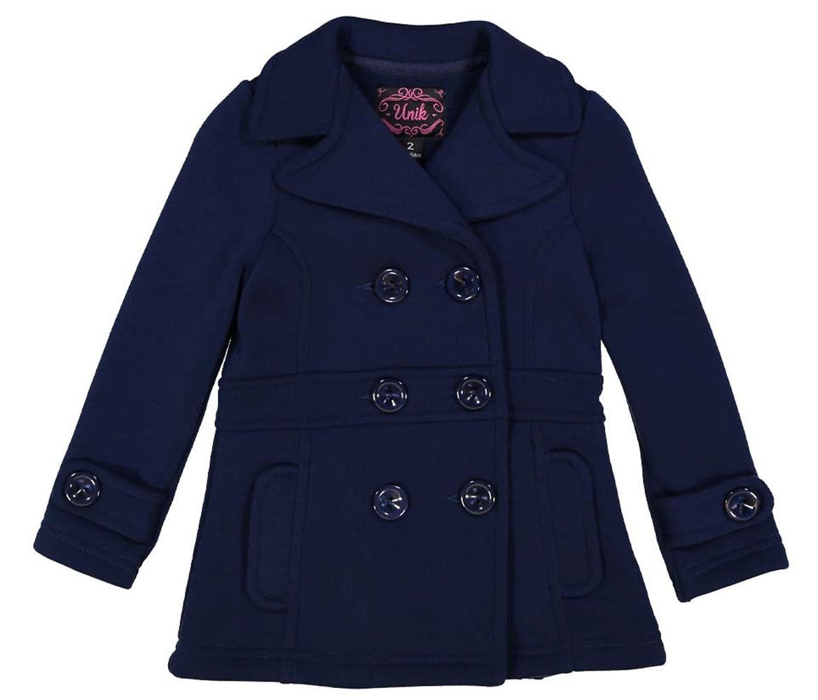 Girl's Navy Fleece Coat With Buttons Fleece Fabric - Navy, Double Breasted, Side Pockets (1 Piece)