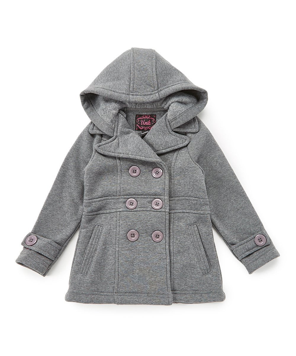 Girl Fleece Coat With Hood Fleece Fabric - Burgundy, Black, Navy, Red, Grey, Fushia, Hooded, Button Closure, Side Pockets (1 Piece)