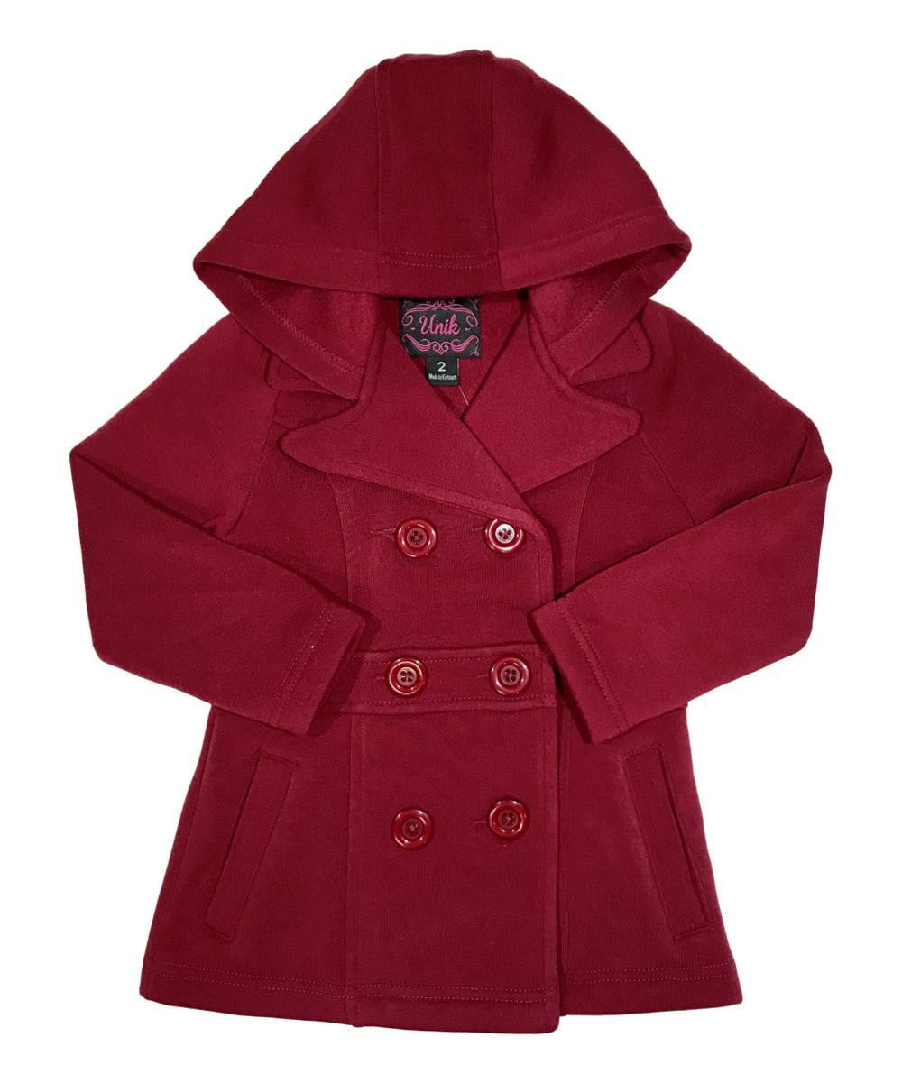 Girl Fleece Coat With Hood Fleece Fabric - Burgundy, Black, Navy, Red, Grey, Fushia, Hooded, Button Closure, Side Pockets (1 Piece)
