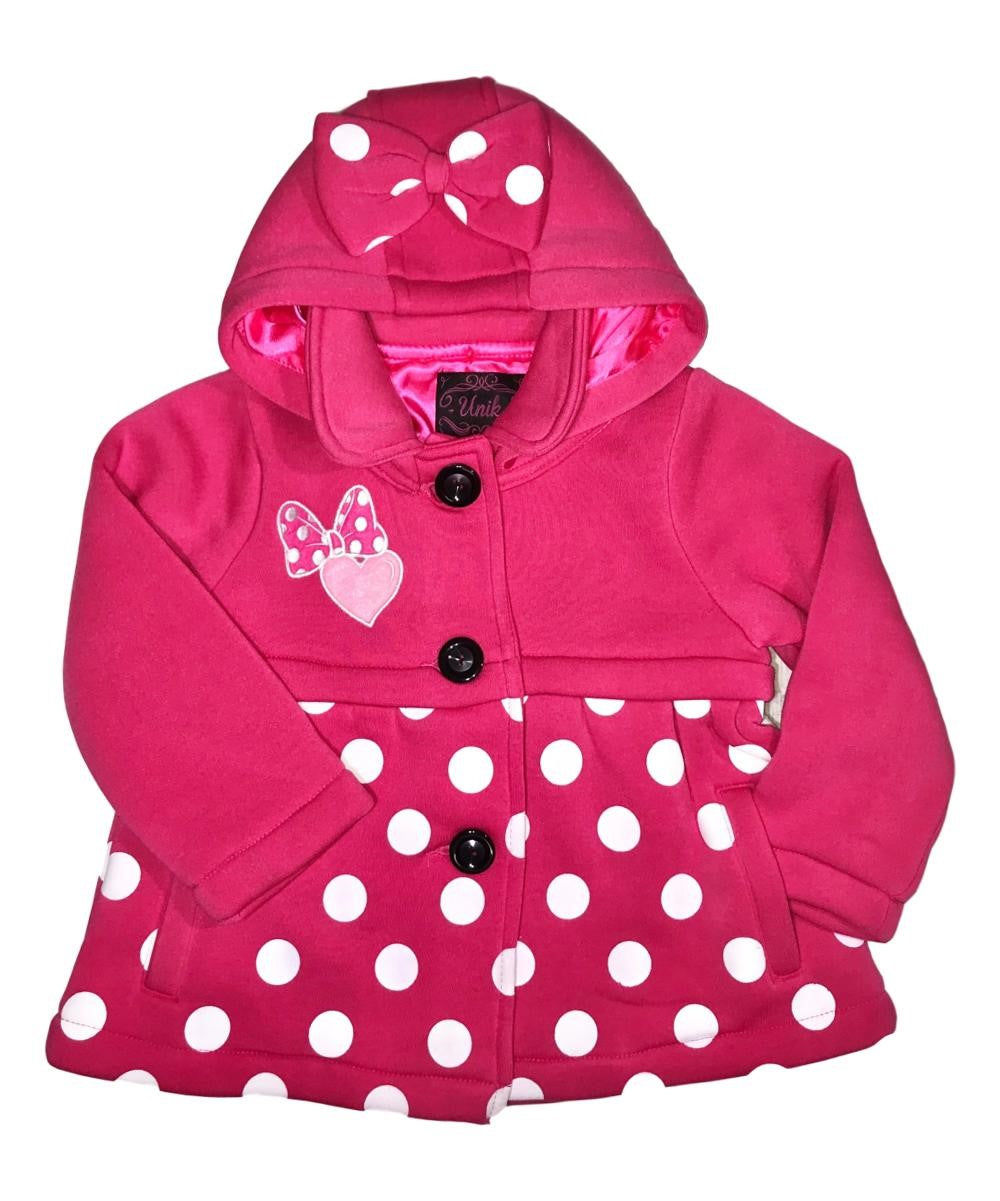 Fancy Heart Bow Polka Dot Coat Polyester Fabric - Pink, Red Polka Dot, Removable Hood, Button Closure (1 Piece)