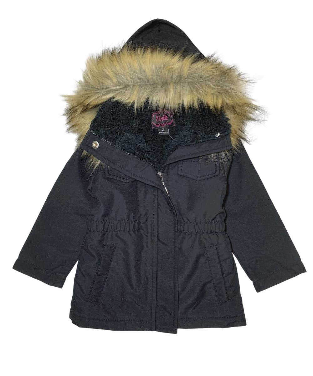 Girl'S Sherpa Lined Utility Coat - Polyester Lined Utility Coat, Navy, Black, Cedar Brown, Removable Fur Hood, Zipper Closure (1 Piece)