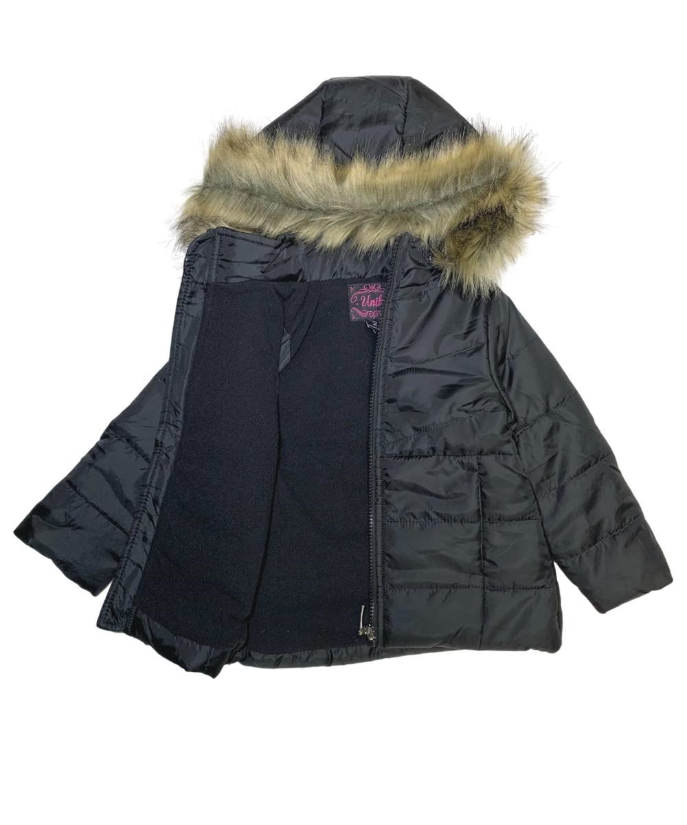 Girl's Zipper Hooded Puffer Jacket With Fur Polyester Fabric - Water-Resistant, Removable Fur Hood (1 Piece)