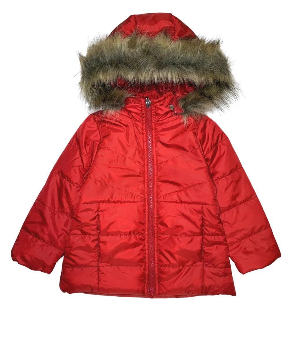 Girl's Zipper Hooded Puffer Jacket With Fur Polyester Fabric - Water-Resistant, Removable Fur Hood (1 Piece)