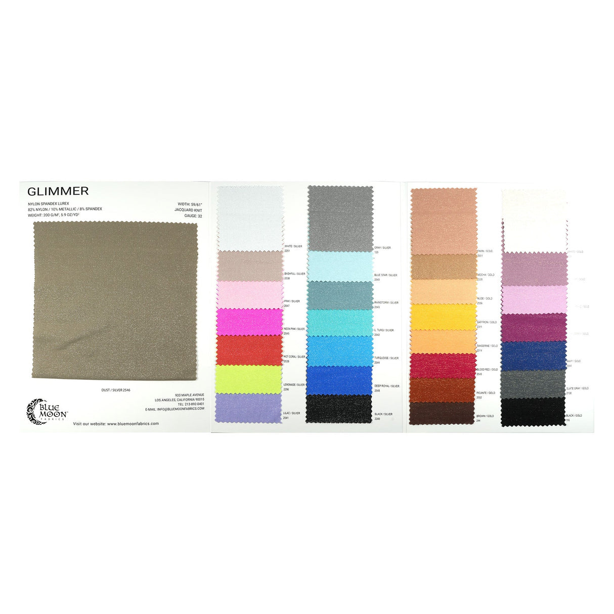 Glimmer Nylon Spandex Lurex Fabric - Color Card, 30 Colors (1 Card)