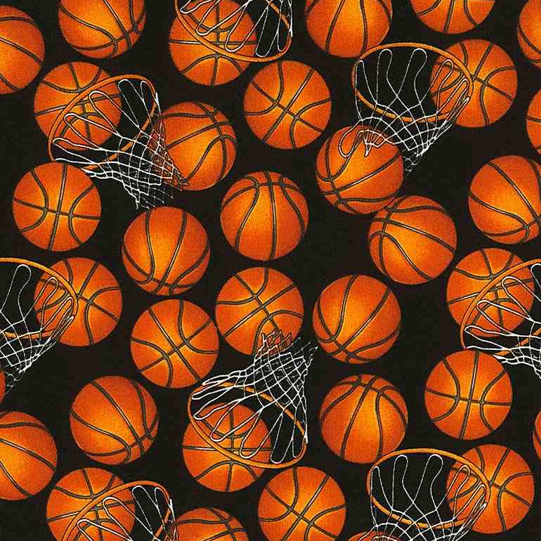 Cotton Print Black Basketball and Hoops Fabric 44/45"
