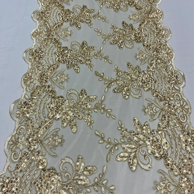 VT-18 Gold Sequin Lace Fabric - Gold Embroideries On Mesh, 52" Width