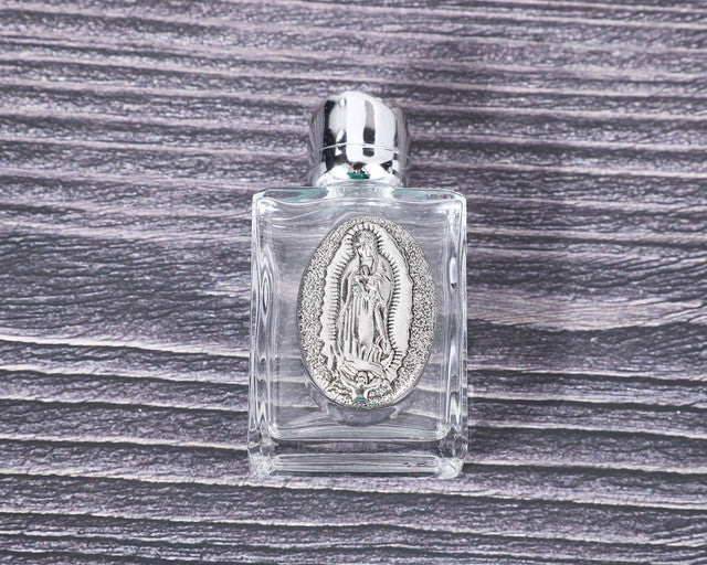 2.5" x 1 3/8" Rectangle Glass Silver Accent Guadalupe Holy Water Bottle - Pack of 12