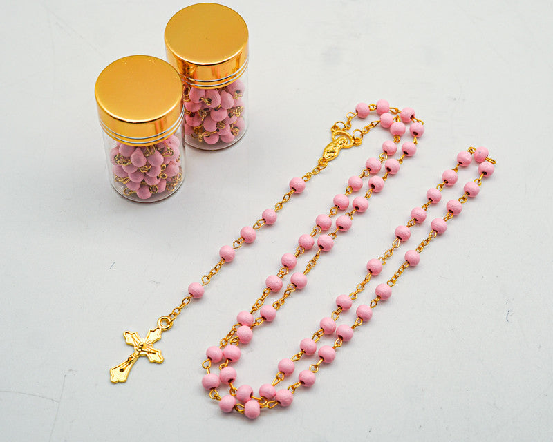 17.5" Gold and Pink Rosary in 2" Glass Bottle with Metallic Lid - Pack of 12
