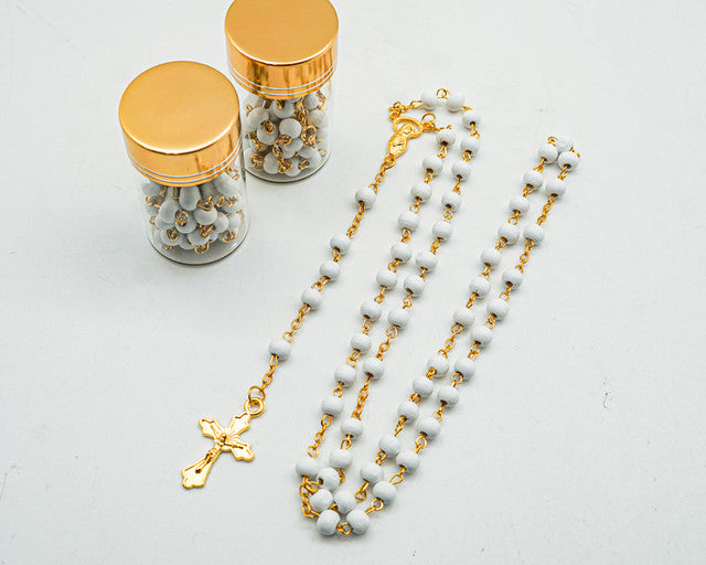 17.5" Gold and White Rosary in 2" Glass Bottle with Metallic Lid - Pack of 12