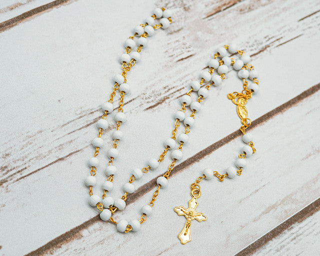 17.5" Gold and White Rosary in 2" Glass Bottle with Metallic Lid - Pack of 12