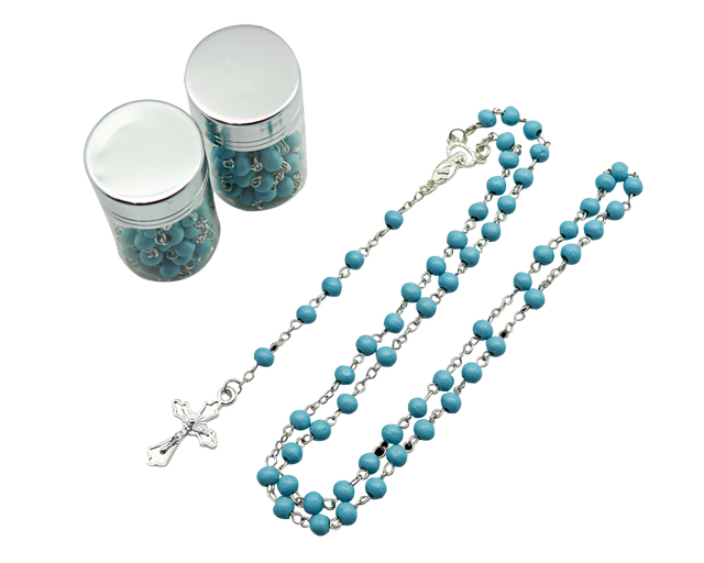 17.5" Silver and Blue Rosary in 2" Glass Bottle with Metallic Lid - Pack of 12