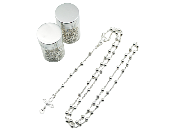 17.5" Silver Rosary in 2" Glass Bottle with Metallic Lid - Pack of 12