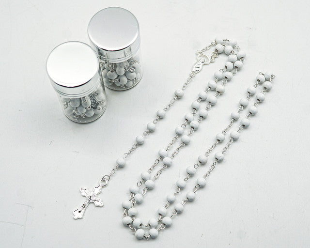 17.5" Silver and White Rosary in 2" Glass Bottle with Metallic Lid - Pack of 12