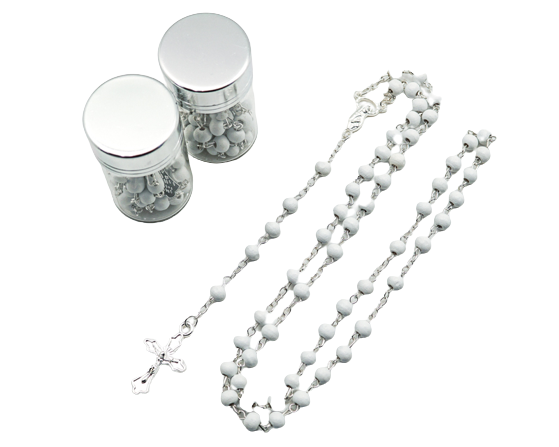 17.5" Silver and White Rosary in 2" Glass Bottle with Metallic Lid - Pack of 12